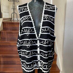 Koret Women's Knit V-neck Vest Black White Wool Blend Embroidered Buttons 1X